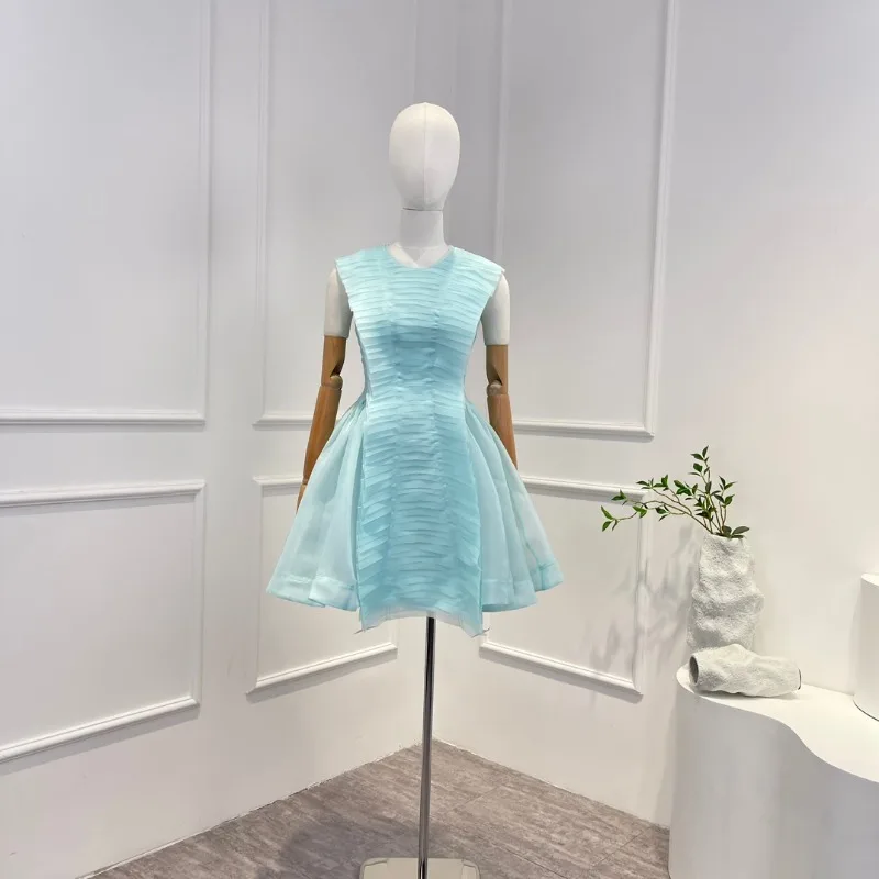 

2023 Summer Latest Light Blue Sweet Cute Solid Folds Pleat Ruched Sleeveless Mini Dress for Women Fashion