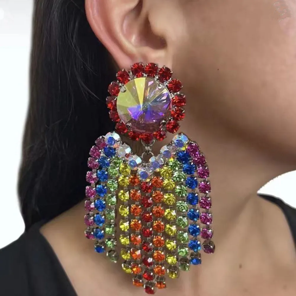 

INS Gorgeous Rhinestone Rainbow Tassel Drop Earrings Wedding Jewelry for Women Luxury Crystal Colorful Geometric Dangle Earrings