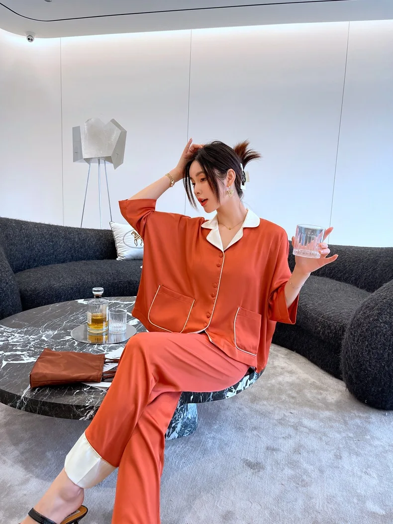 2022 women's pajamas ice silk long-sleeved suit solid color home wear women clothing sets summer plus size