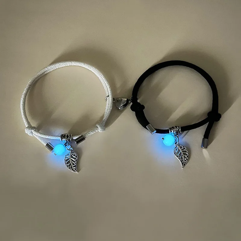 

Fashion Luminous Bead Leaf Pendant Couple Bracelet for Women Minimalist Heart Magnetic Pendant Woven Bracelet Lover Jewelry Gift