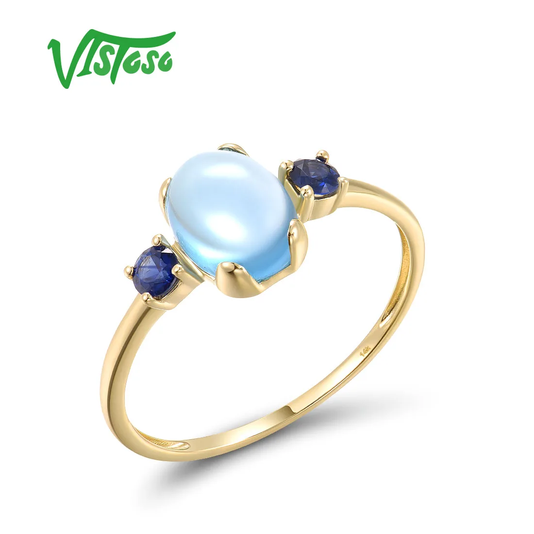 

VISTOSO Authentic 14K 585 Yellow Gold Rings For Women Natural Swiss Blue Topaz Sapphire Solitaire Ring Wedding Gift Fine Jewelry