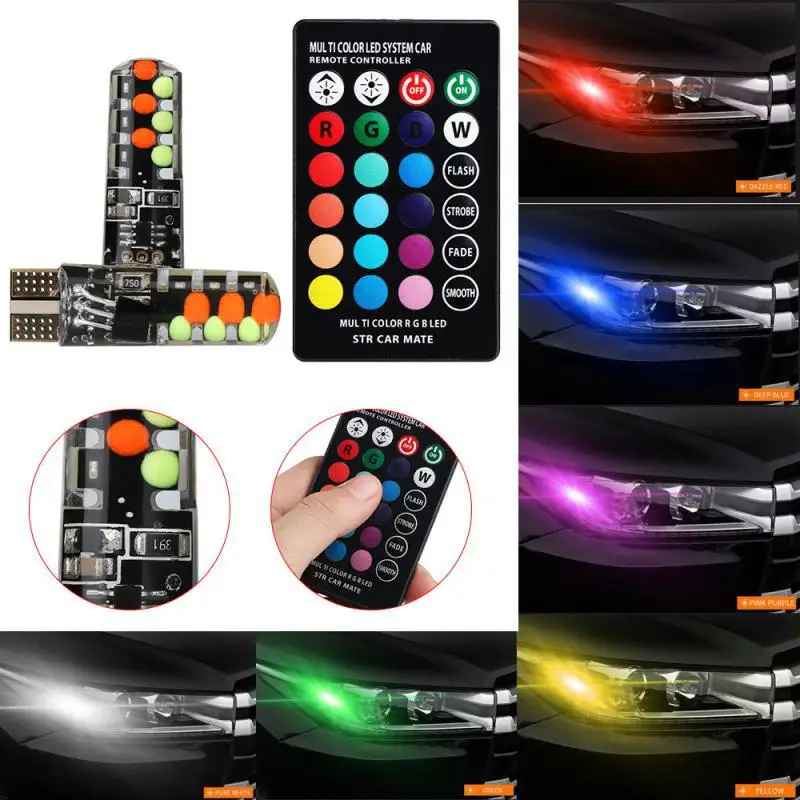 

2x T10 Led 194 168 W5W 5050 SMD RGB Car Dome Reading Light Automobiles Wedge Lamp RGB LED Bulb With Remote Controller
