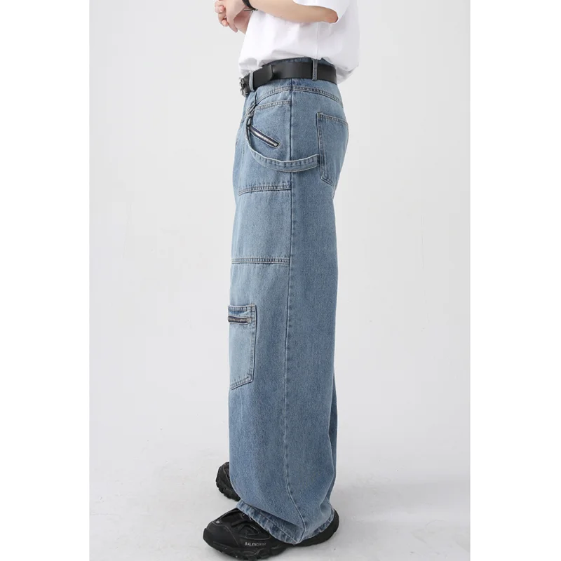Streetwear Men 2022 New Pattern Vintage Recreational Blue Jeans Loose Straight Cylinder Temperament Cargo Pants Autumn Female