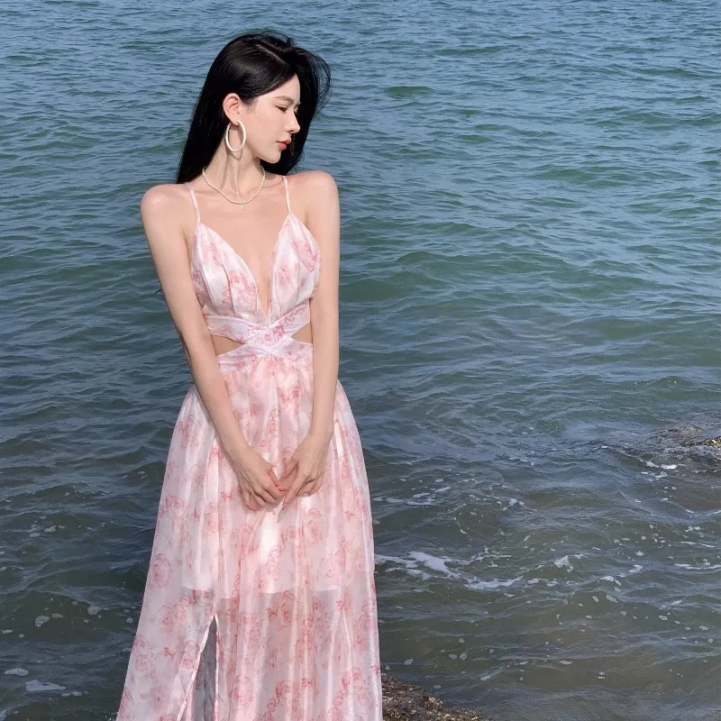 

Beach skirt sexy backless V-neck floral waist temperament dress long skirt