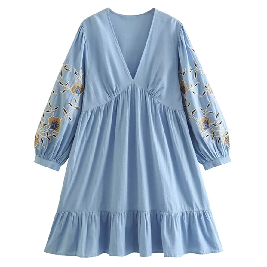 

Jenny&Dave Floral Ladies Resort Style Linen Loose Embroidery Dress Moroccan Bohemian Vintage Mini Dress Women