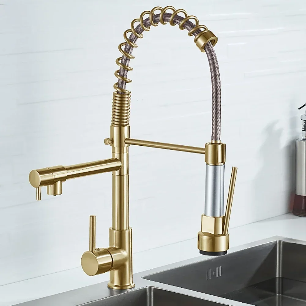 Zwart Geborsteld Lente Pull Down Kitchen Sink Kraan Warm &amp Koud Water Mixer Tap Met Dual Uitloop Deck gemonteerd