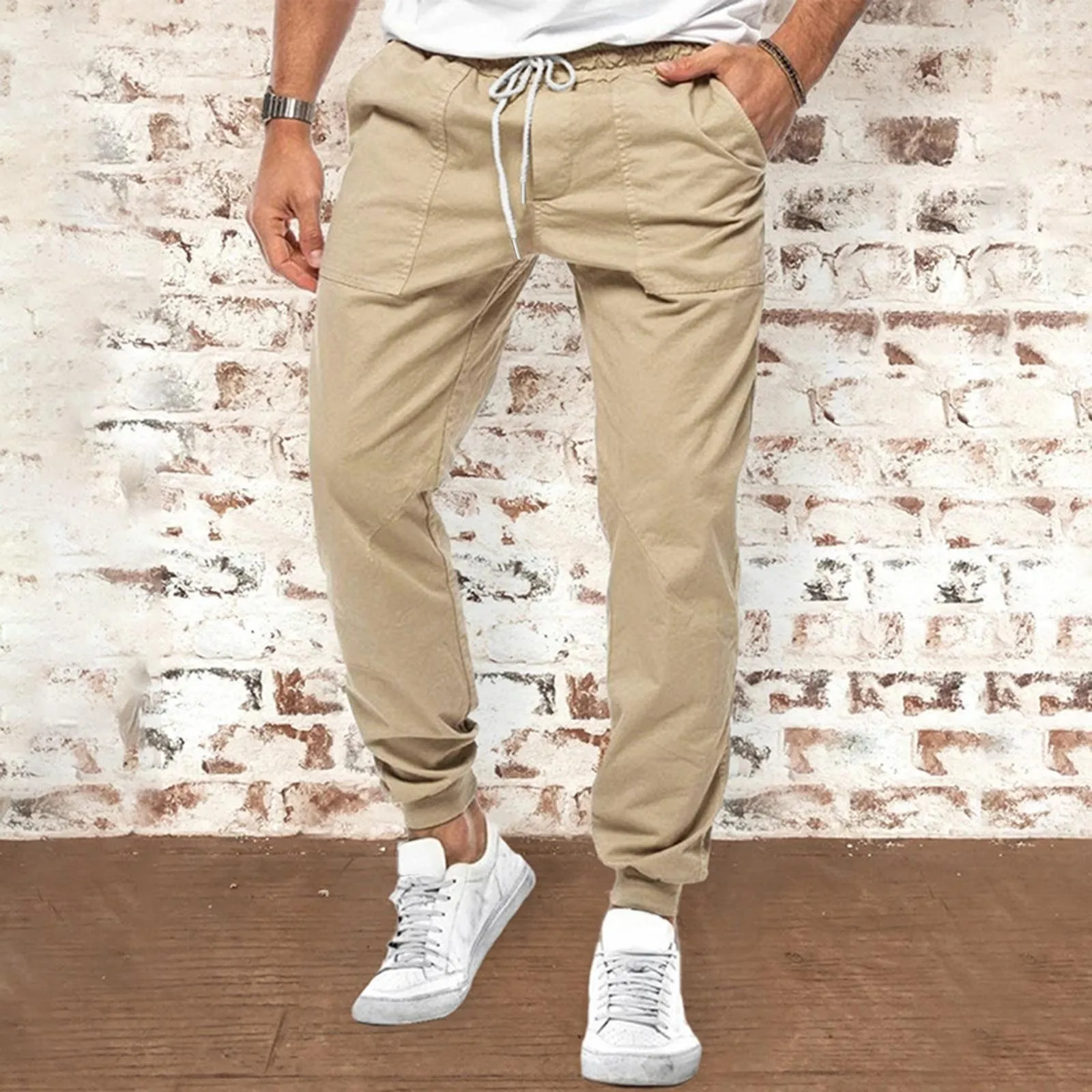 

Men All Season Fit Pant Casual All Solid Color Pocket Trouser Fashion Overalls Beach Pockets Pant Double Knee