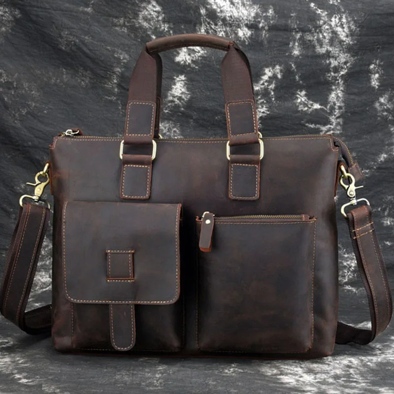 

Vintage Genuine Leather Men's Handbag Briefcase Cowhide fit 15" laptop Computer bag Male Business Shoulder bag Big travel Tote