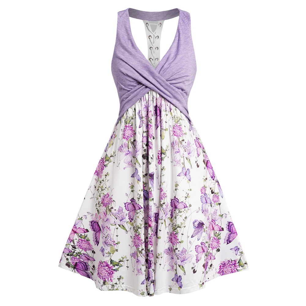 

Flower Butterfly Print Mini Dress Crossover Lace Up Plunge Cottagecore Dress