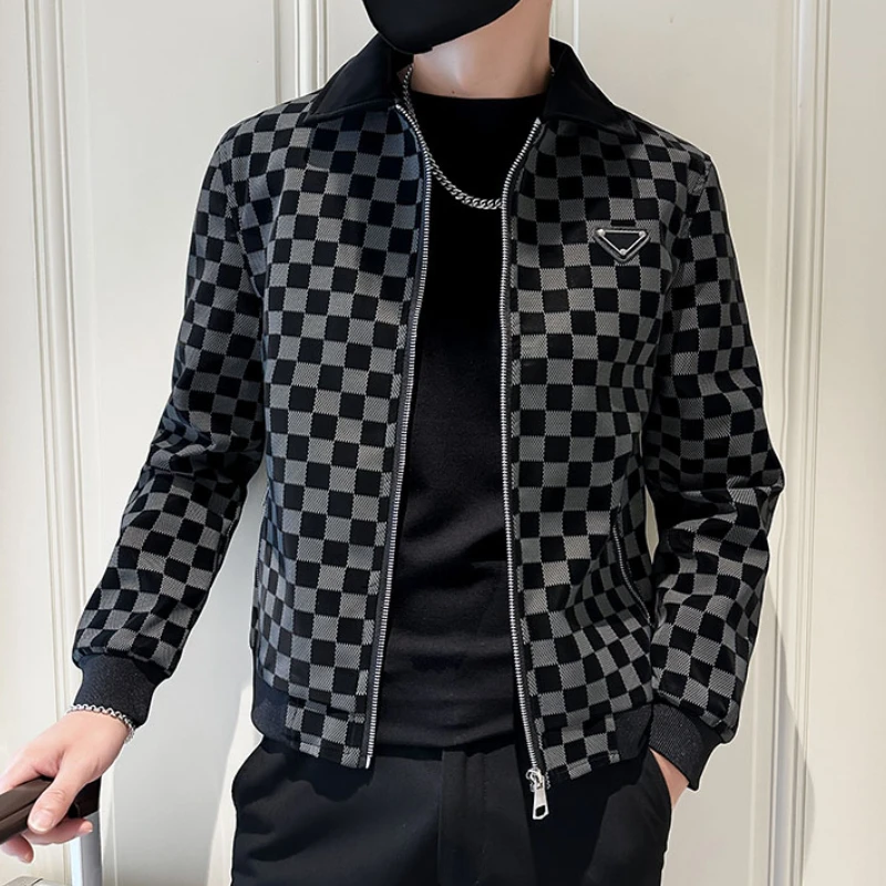 

Brand Checkerboard Leather Jacket for Men Autumn Winter Lapel Slim Fit Motorcycle Jacket Casual Business PU Leather Jacket 2023