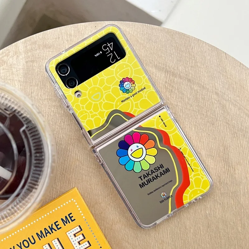 Cartoon Mirror Rainbow Sunflower Phone Case for Samsung Galaxy Z Flip 4 3 Hard Cover for ZFlip3 Zflip4 Solid Shell Bracket