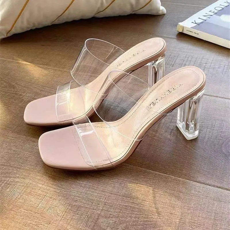 

Shoes Woman 2023 Slippers Summer Heeled Mules Pantofle Jelly Slides Square heel Low High New Transparent Block Glitter Rome Fabr