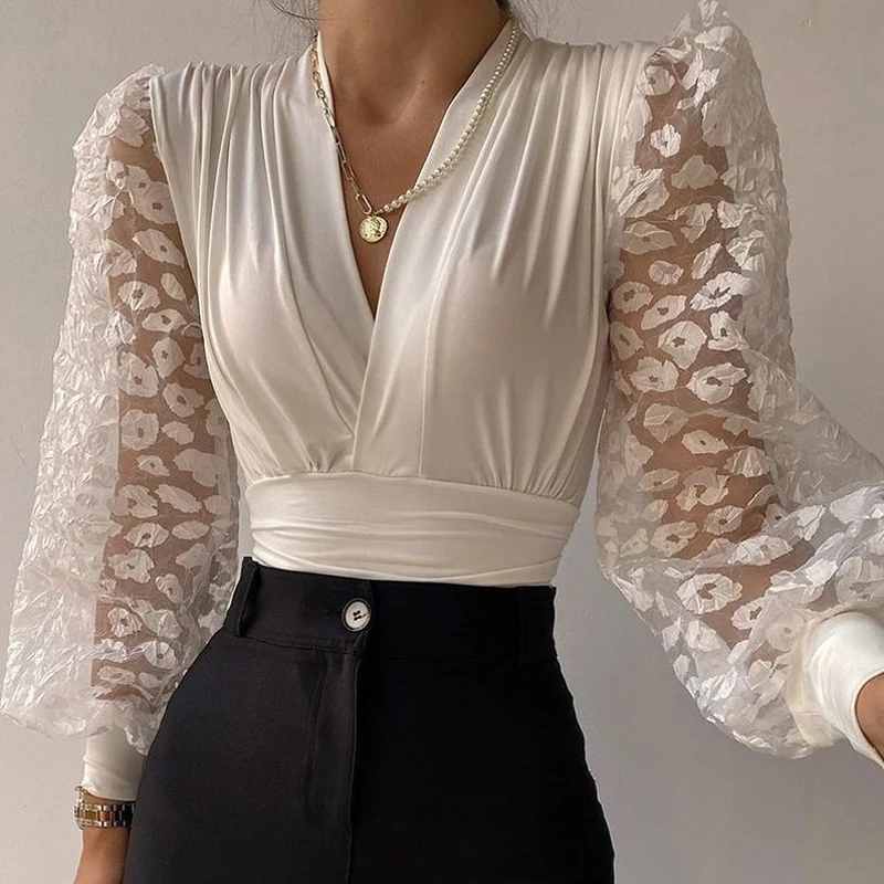 

Sexy Deep V Neck Draped Mesh Blouse 2022 Spring Embroidery Rose Flower Print Women Top Shirt Autumn Office Slim Bodycon Pullover