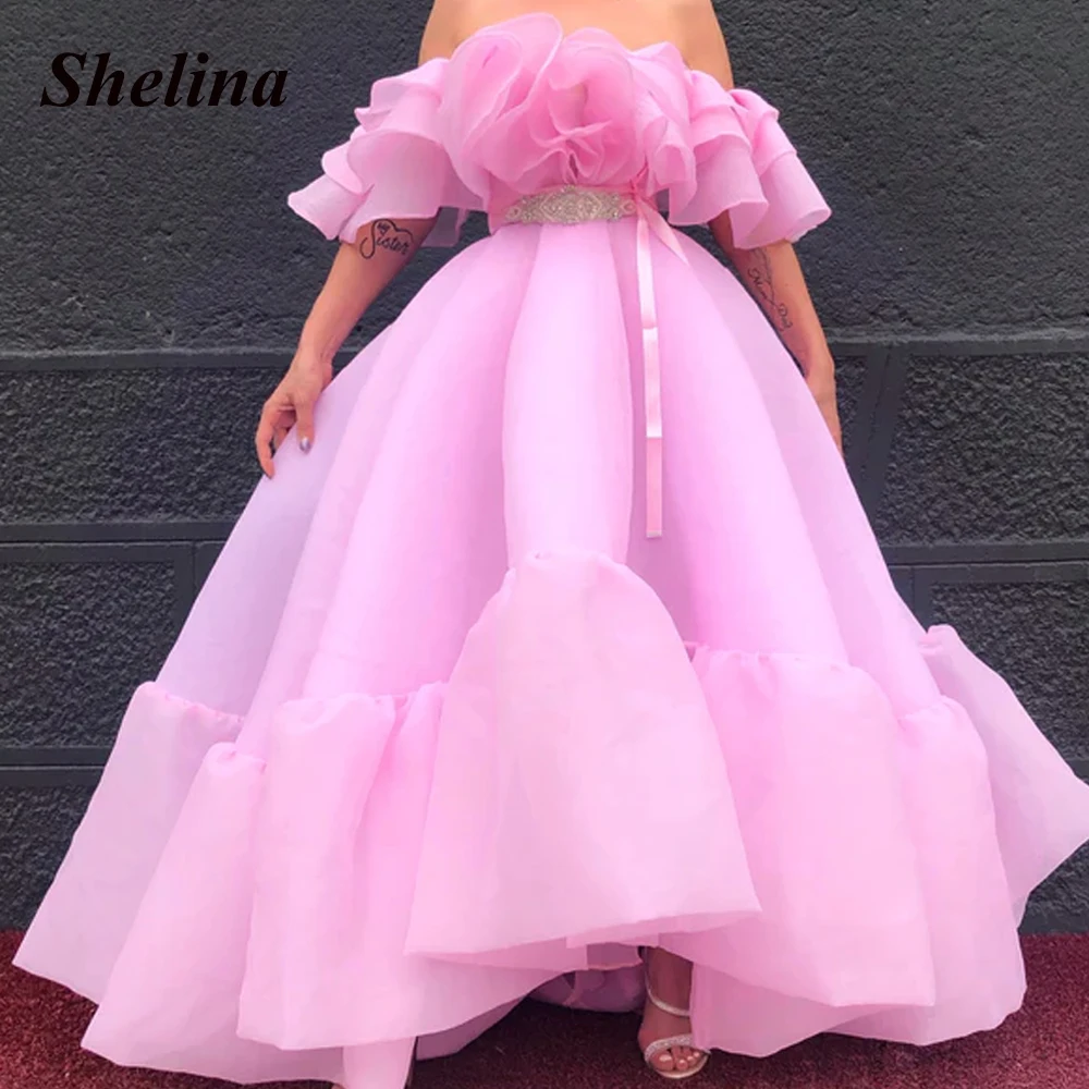 

Simple Pink Boat Neck Prom Dresses Belt Backless Irregular Ruffled Court Train Evening Gowns Vestido De Noche Made To Order