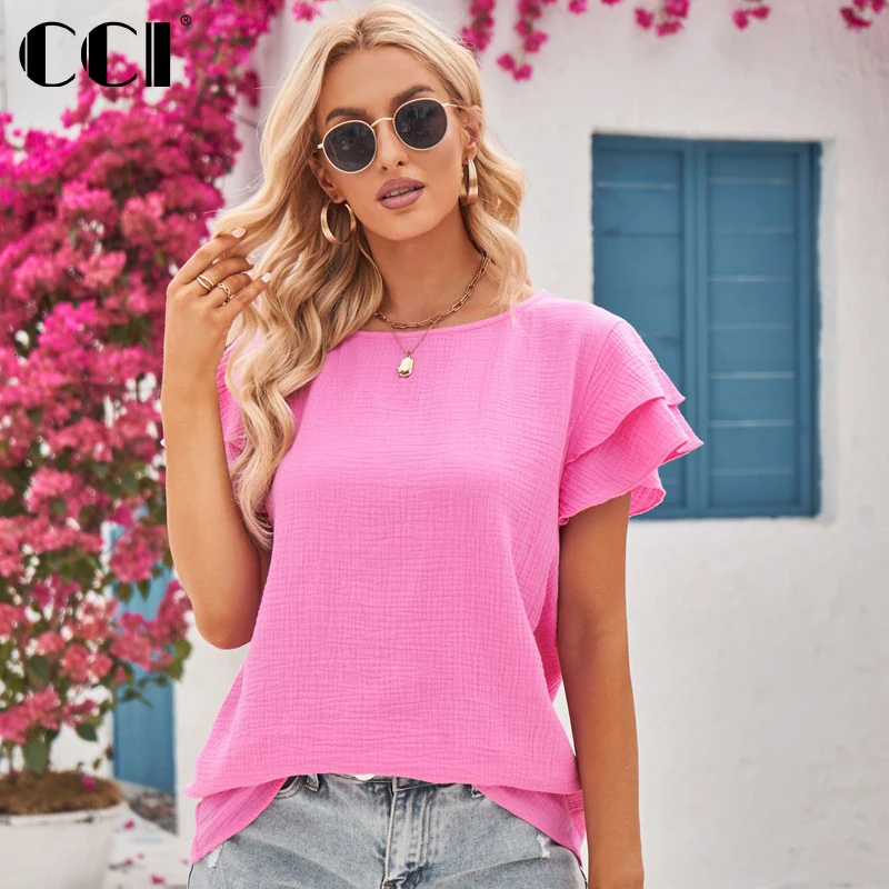 

CCI Tops Oversized 25 34 Sleeve Ruffles Slight Strech Cotton Regular T Shirts Female Clothing YJ052T The New Listing