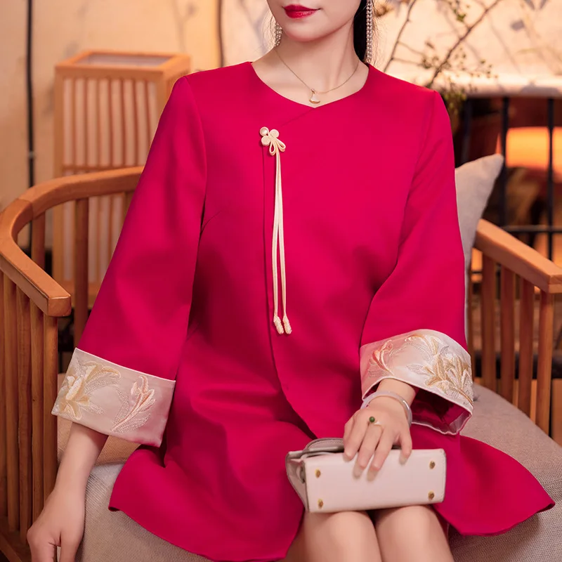 

Высококачественное элегантное женское пальто в китайском стиле с круглым вырезом новинка осень 2023 изысканная вышивка верх