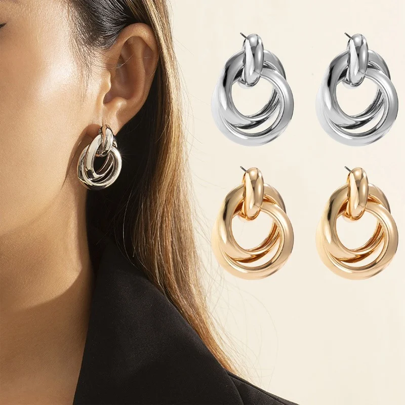 

Personality Double Layer Metal Wrapped White Stud Earrings for Women Creative Stainless Steel Irregular Stud Jewelry