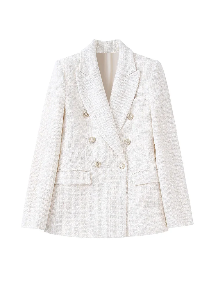 

Blazers Women Peak Lapel Long Sleeve Elegant Textured Tweed Blazer With Flap Pockets Double Breasted Blazer Office Suit Jacket