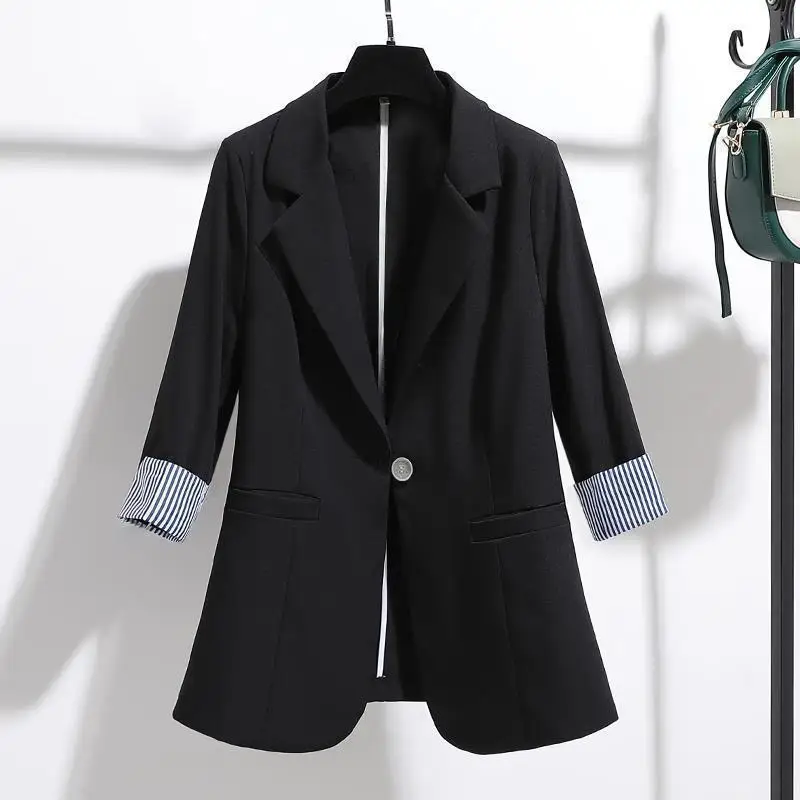 

2022 New Arrival Summer Arts Style Women Three Quarter Sleeve Stripe Patchwork Single Button Blazers Notched Collar Coat P472