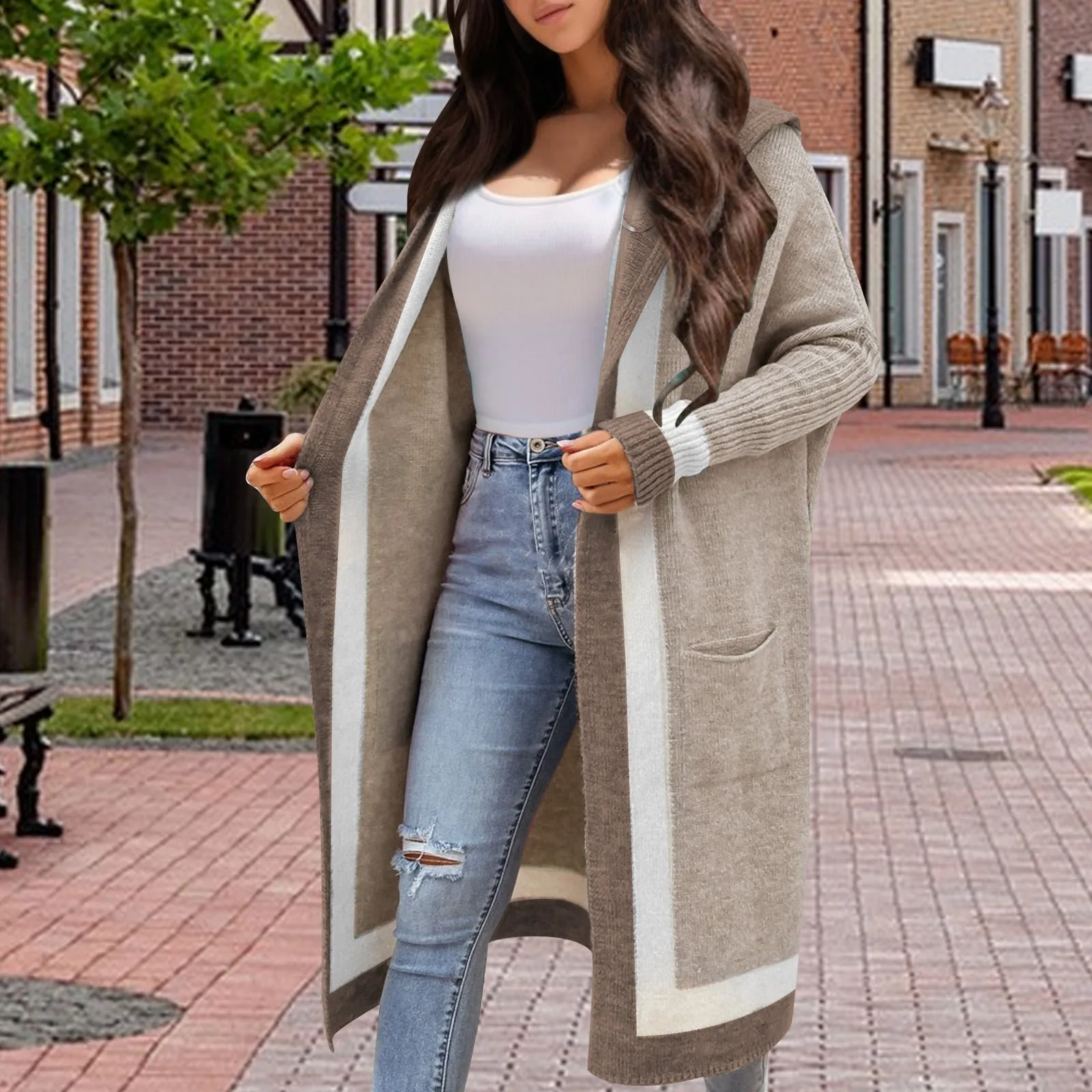 

Women Hooded Long Cardigan Knitted Ribbed Sweater Long-Sleeve Coat Loose Outwear Solid Color Clothes For Ladies Autumn Winter