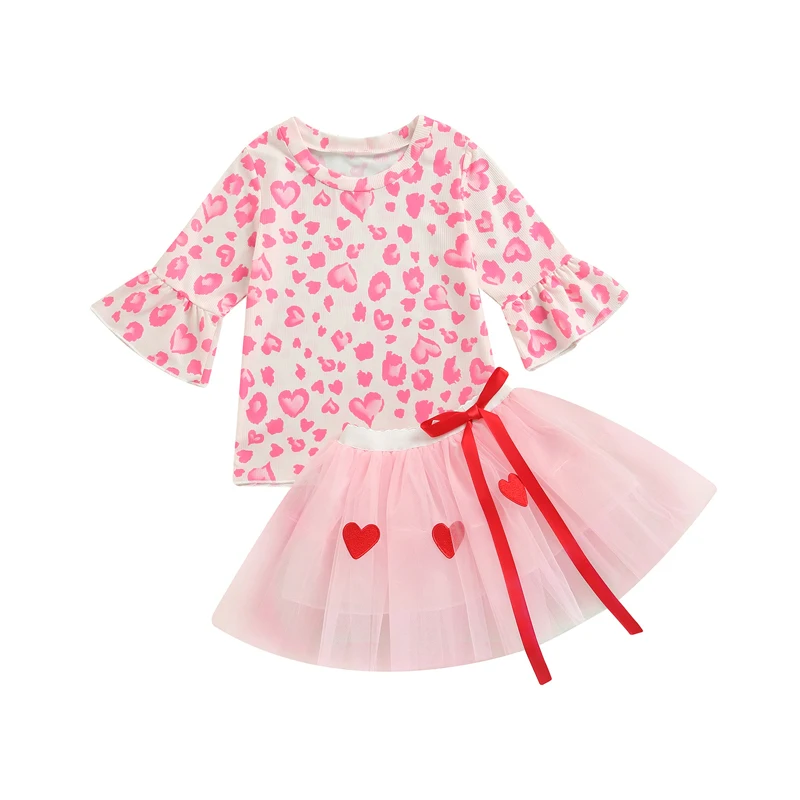

Lovely Little Girl Skirt Set, Flared Long Sleeve Round Neck Floral Tops Elastic Waist Tulle Solid Color Skirt with Waistbelt