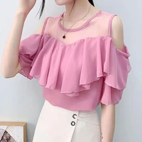 fashion mesh patchwork off shoulder chiffon blouses pullovers female clothing ruffles all match solid color o neck casual shirt