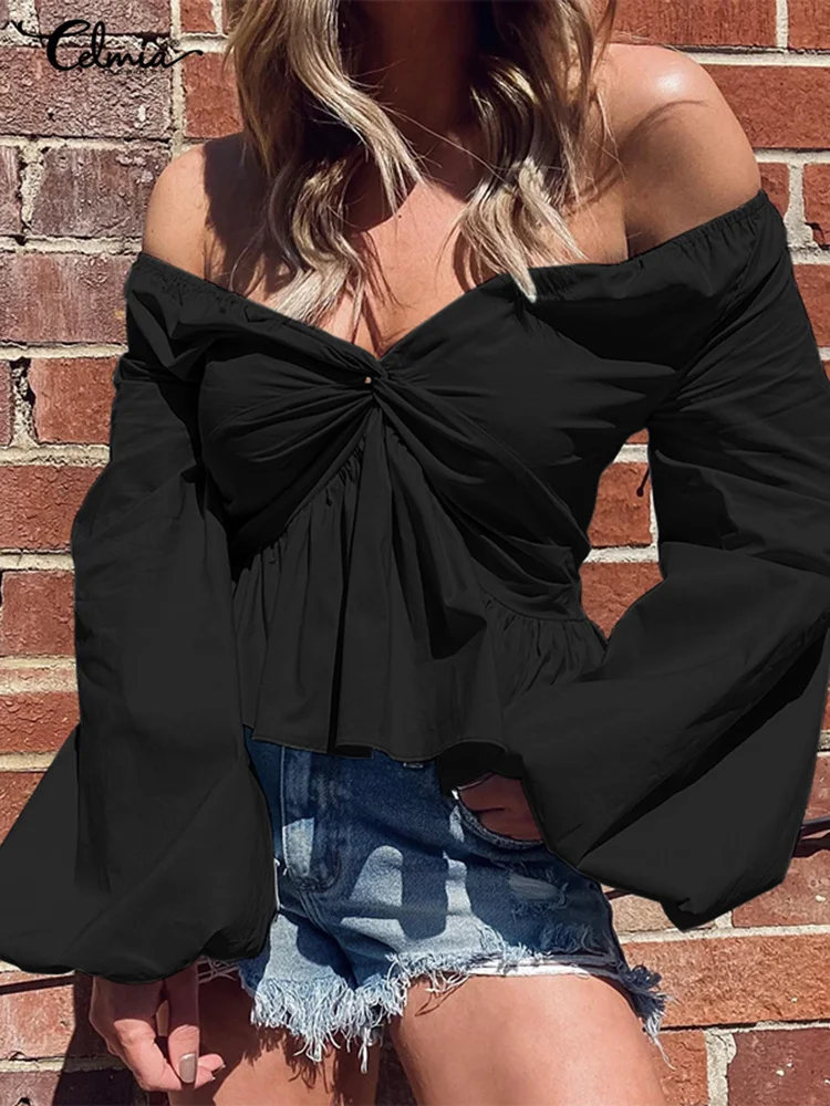 

Celmia Sexy Twisted V-neck Short Tops Off Shoulder Puff Long Sleeve Pleated Peplum Shirt Spring Ruffles Women Fashion Blouses