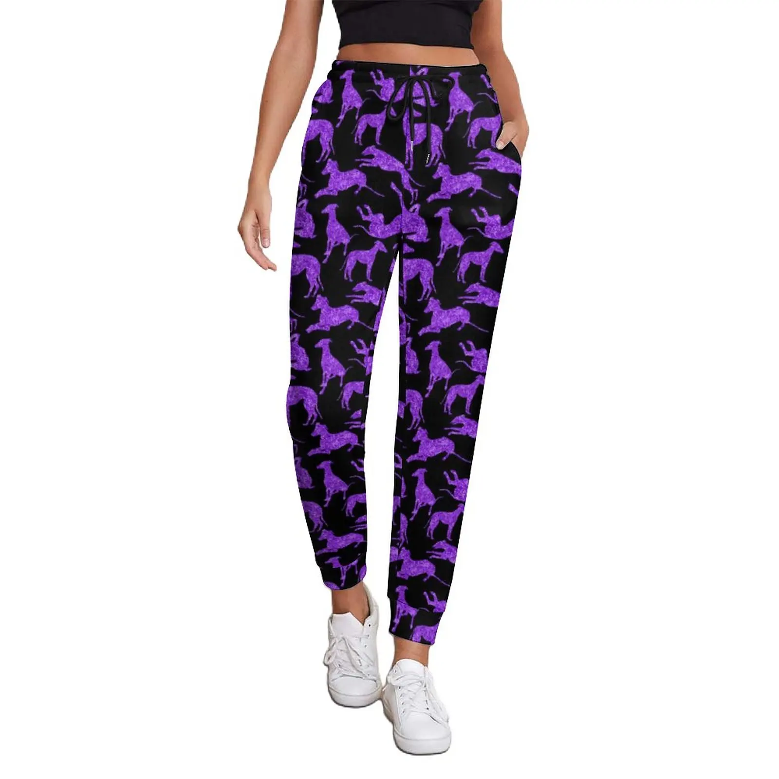 

Purple Animal Silhouette Jogger Pants Female Greyhounds Print Street Style Joggers Autumn Trendy Pattern Trousers Big Size
