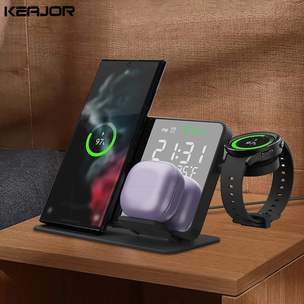 3 in 1 Wireless Charger For Samsung Galaxy Watch 4 5 Pro Fast Charging Station For Galaxy S23 S22 S21 Alarm Clock Chargers Stand