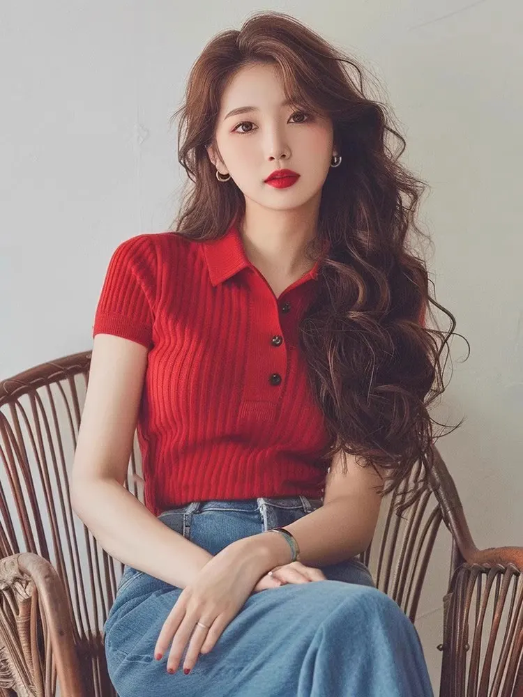 Red Polo Collar Ice Silk Short sleeve knit Women Design Sense Unique Chic Slim fit Early Autumn Chi Top