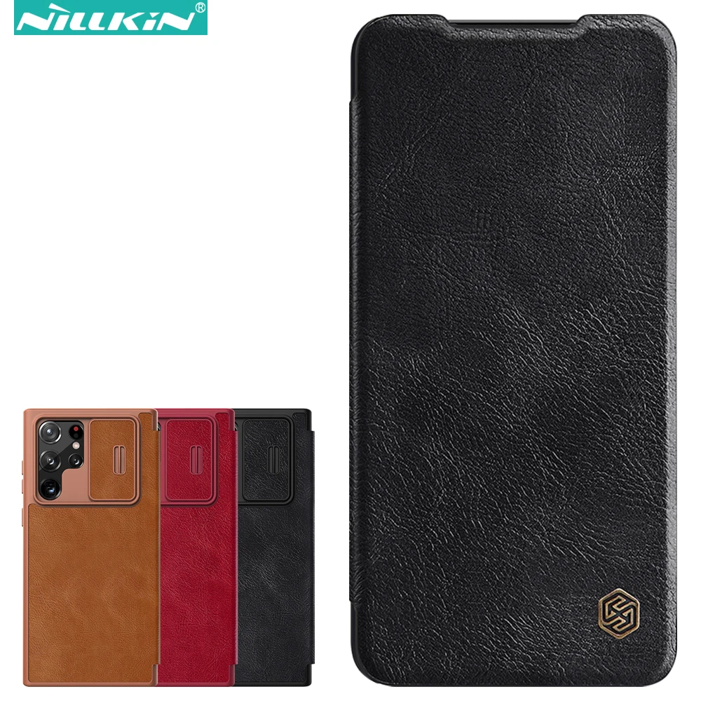 Nillkin Qin Pro Flip Leather Case for Samsung Galaxy S22 Ultra / S22+, Business Lens Sliding Cover with Card Slot Back Cover