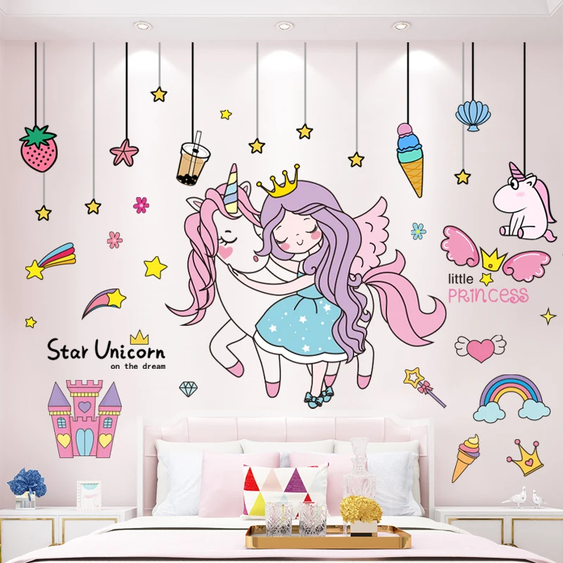 

Cartoon Princess Girl Wall Stickers DIY Unicorn Animal Wall Decals for Kids Bedroom Baby Room Kindergarten Home Decoration