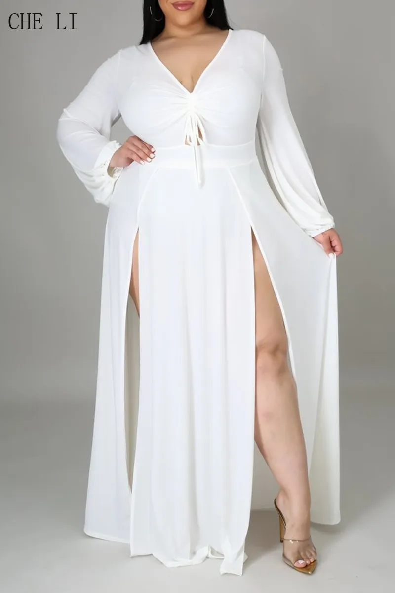 

Plus Size Outfits Female Sexy V Neck Long 5XL Elegant Sexiness Womanliness Slit Solid Color Long Sleeve Dresses for Women Cloths