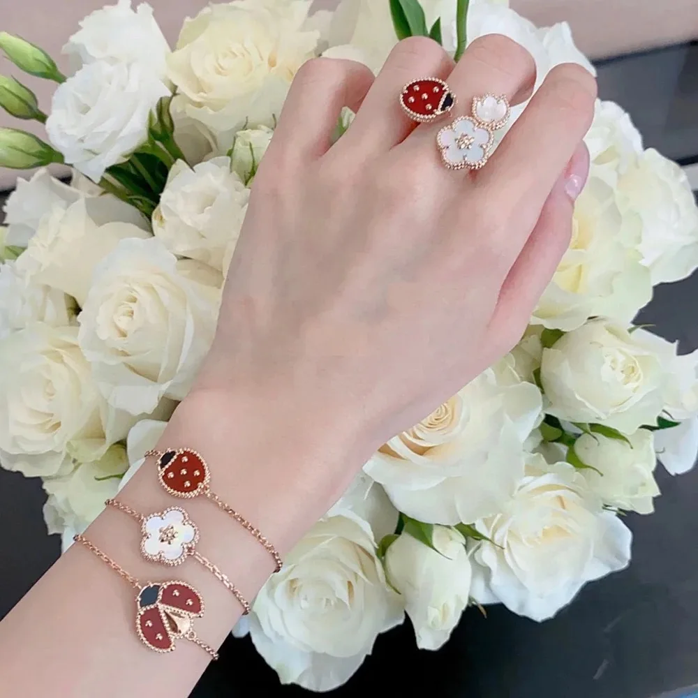 

European Brand Rose Gold Bracelet Women's Sterling Silver s925 Jewelry Lucky Flower Spring Ladybug Luxury Jewelry Set