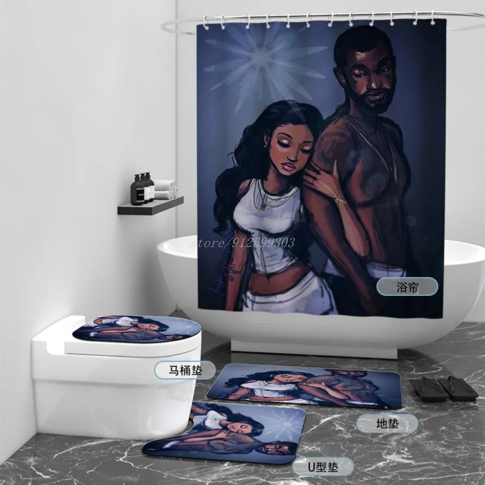 

African Strong Man Sexy Girl Shower Curtain Sets Afro Lover Non-Slip Rugs Toilet Lid Cover and Bath Mat Bathroom Curtains Set