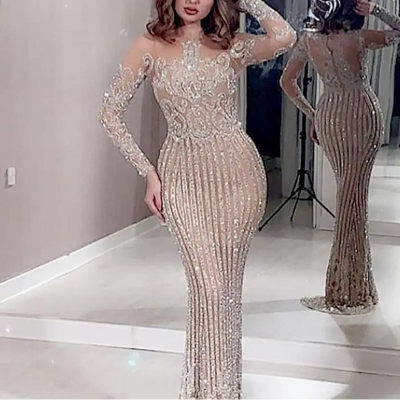 

Shine Deep V Neck Party Dresses Gold Sequined Maxi Backless Evening Club Mermaid Wedding Banquet Long Sleeve Dress