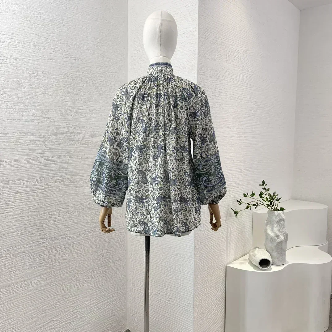 Высококачественная зеленая синяя блузка с принтом пейсли новинка 2024 длинными