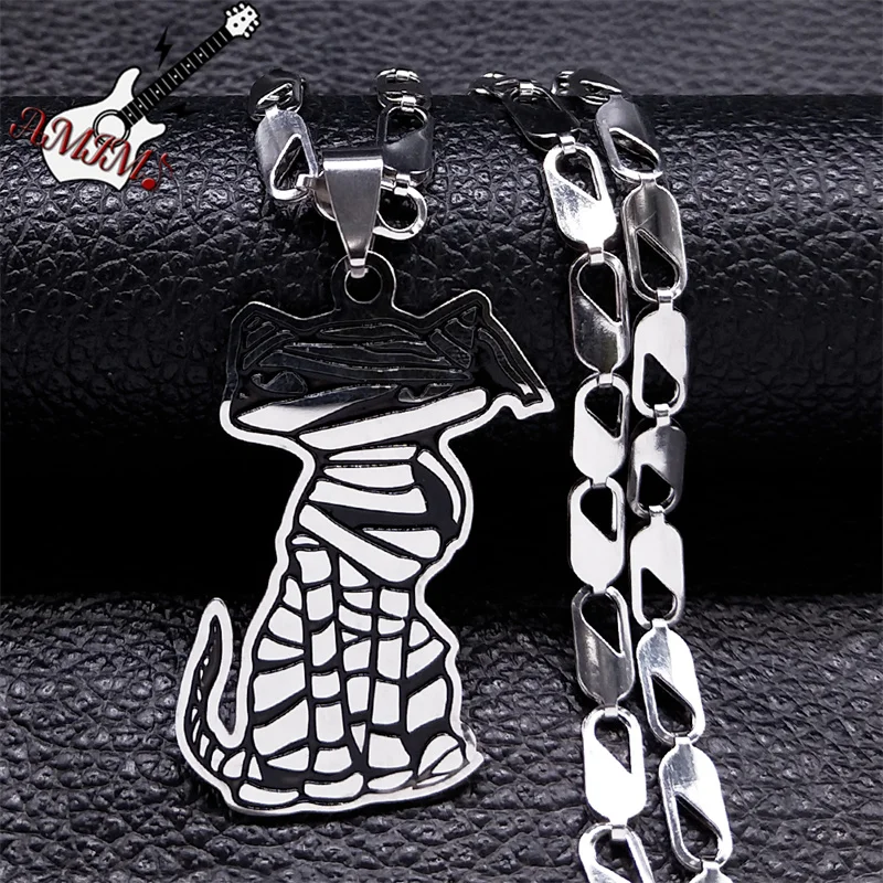 

Egyptian Mummy Cat Necklace Pendant Stainless Steel Silver Color Corpse Animal Necklaces Jewelry colier inoxydable femme N3642S6