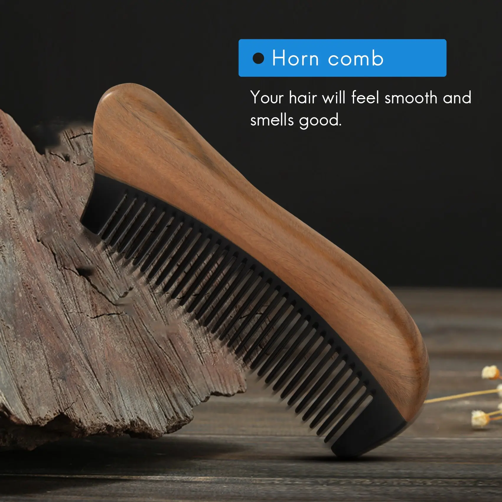 Natural Green Sandalwood Hair Comb - No Static Wooden Fine Tooth Black Buffalo Horn (Green sandalwood)