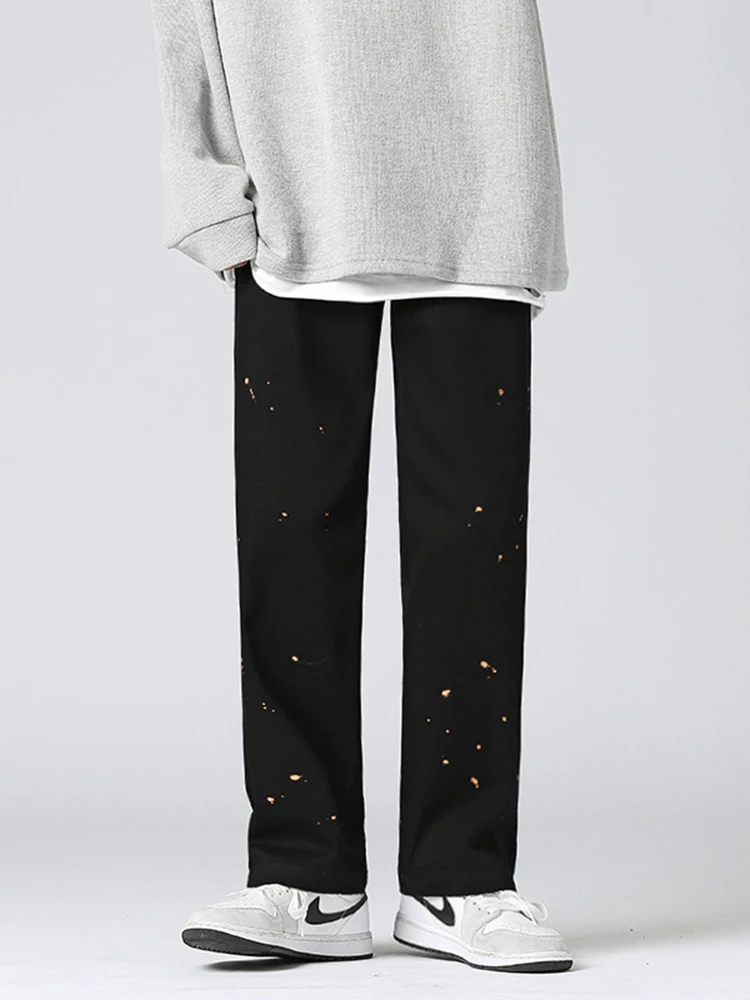 Men's Street Clothing: Black Loose Jeans with Retro Pattern and Casual Straight Cut | Stylish and Comfortable Y2K Baggy Pants