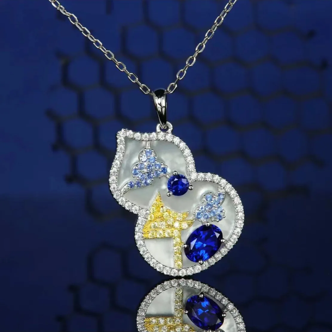 

Foydjew New Retro Luxury Natural Fritillaria Artificial Royal Sapphire Gourd Pendant Necklace Women Banquet Accessories Jewelry