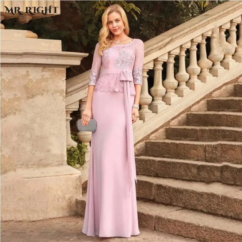 

Mother of the Bride Dresses Lace Applique Scoop Neck Party Gowns Bow Belt Chiffon Evening Robes Vestidos Para Madre De Novia