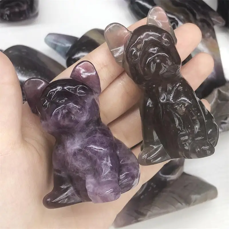 

Natural Fluorite Dog Figurines Miniatures Hand Carved Cute Animal Healing Crystal Home Decoration For Gifts 1pcs