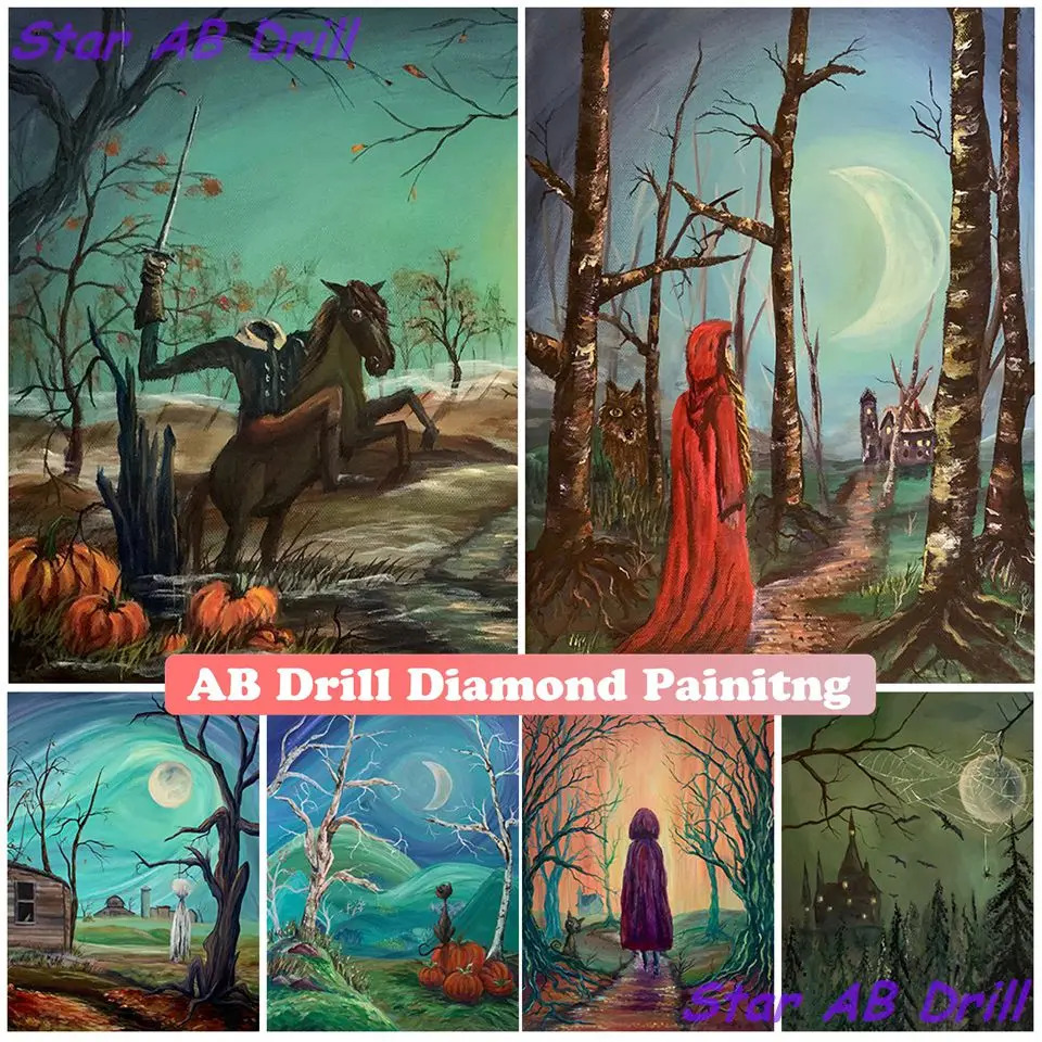 

Haunted House Spooky Landscape 5D Diamond Painting New Black Cat AB Drill DIY Scary Surrealism Art Cross Stitch Kits Home Decor