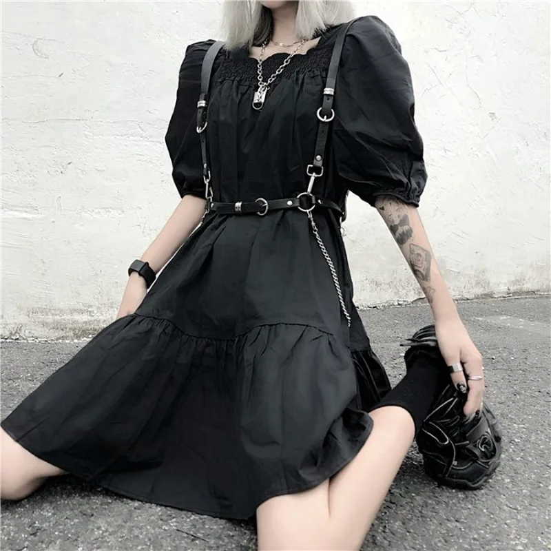 

QWEEK Women's Punk Goth Dress Gothic Harajuku Streetwear Puff Sleeve Black Ruched Mini Dress Summer Emo Dress 2021 Woman Clothes