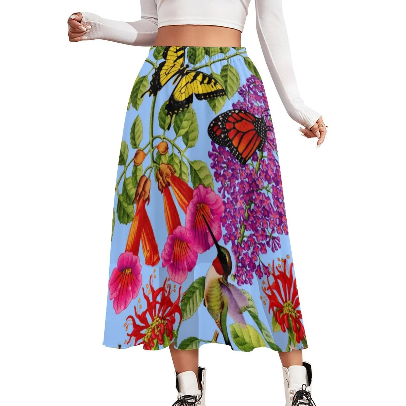 

Bees Balm Skirt Butterfly Bird Flower Pinrt Beach Long Skirts Summer Street Style Elastic Waist Chiffon Oversized Casual Skirt