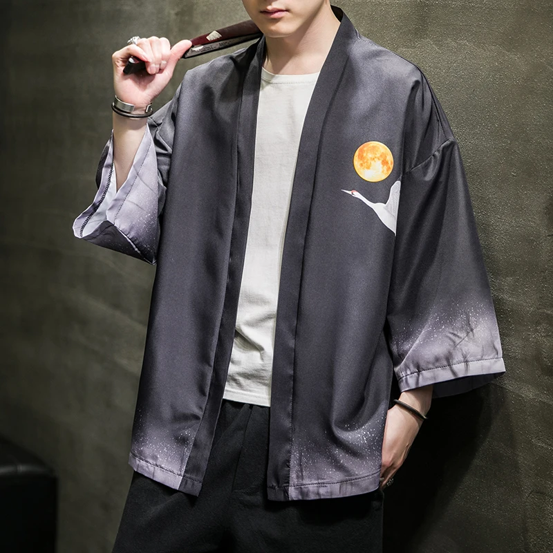 

Men Embroidery Dragon Chinese Style Cardigan Kimono Coat Vintage Casual Loose Plus Size 5XL Grey Black