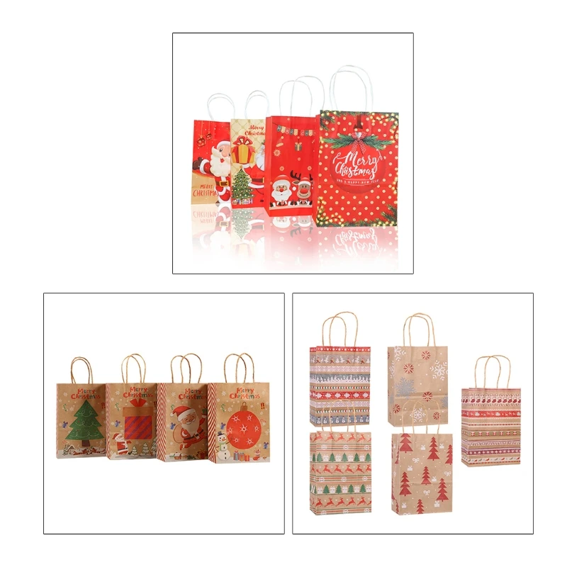 

2022 Christmas Gift Bag with Handle Tote Paper Bags 12pcs Printing Wrapping Bags for Xmas Party Guest Favor Candy Cookie Pouch