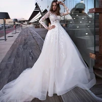 boho lace full sleeves wedding dress 2022 o neck classic a line tulle bride gowns for bride with train buttons vestido de novia
