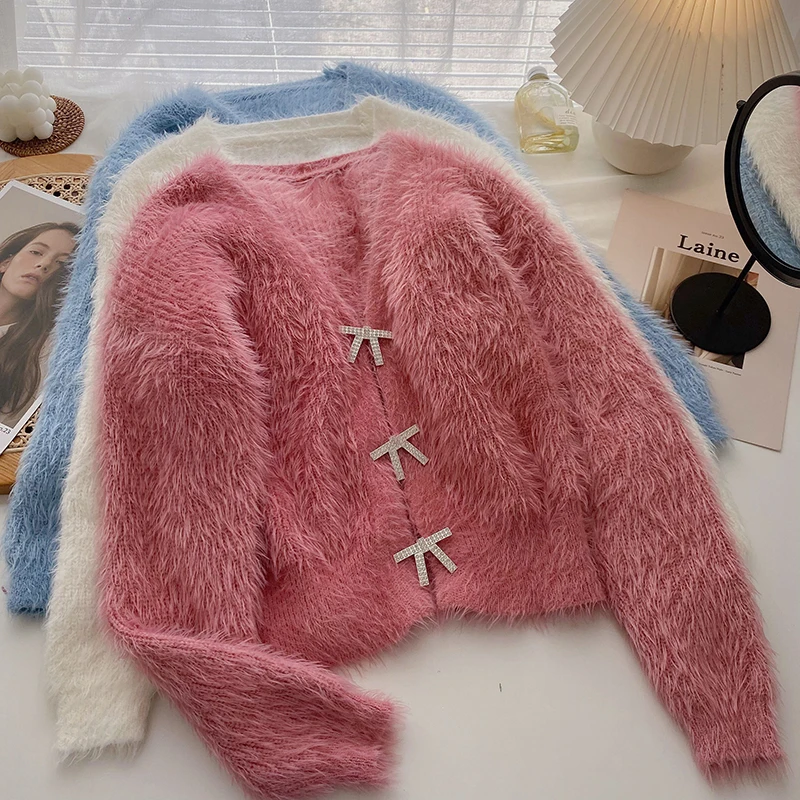 Корейский милый розовый кардиган с длинным рукавом и V-образным вырезом